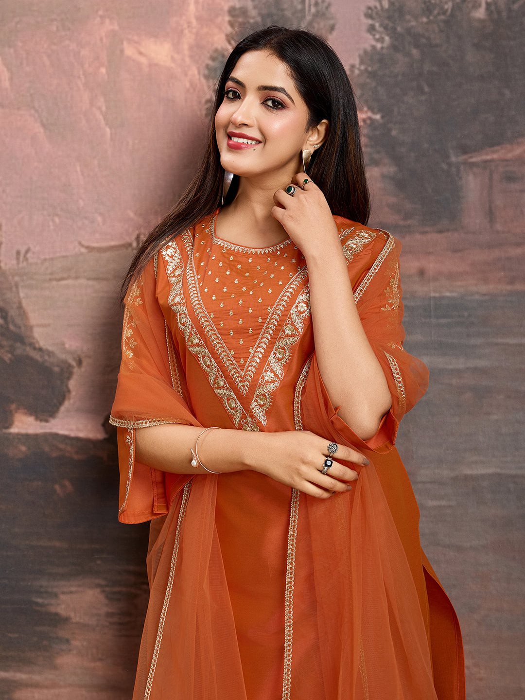 Rust Color Silk Blend Embroidered Kurta Set