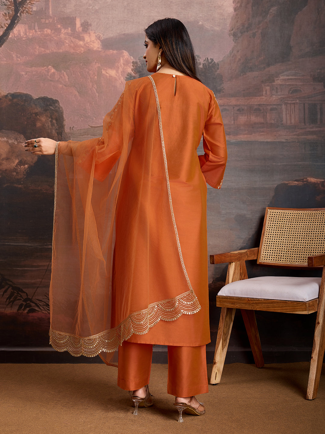 Rust Color Silk Blend Embroidered Kurta Set