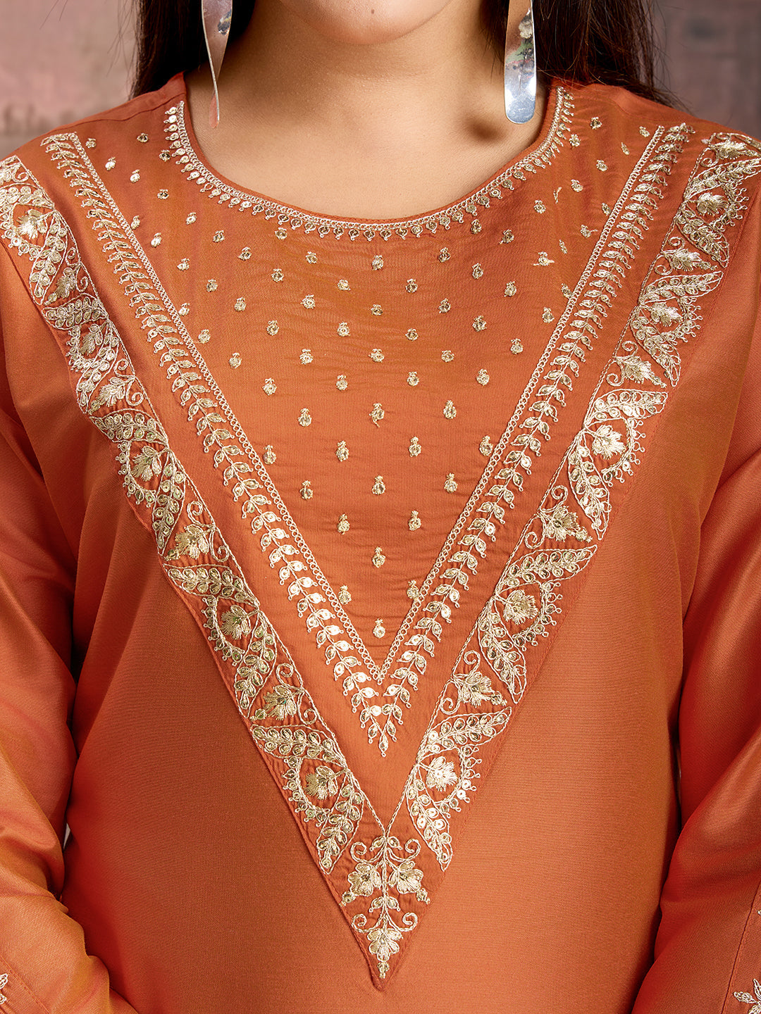 Rust Color Silk Blend Embroidered Kurta Set