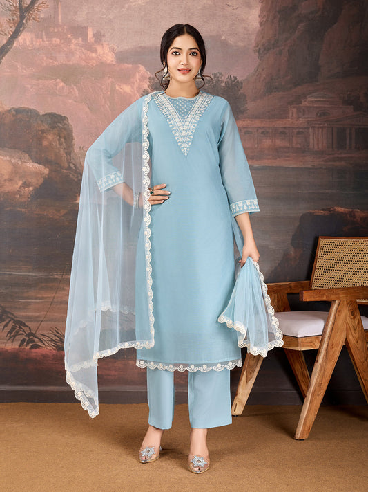 Sky Blue Chanderi Cotton Silk Kurta Set with neck embroidery