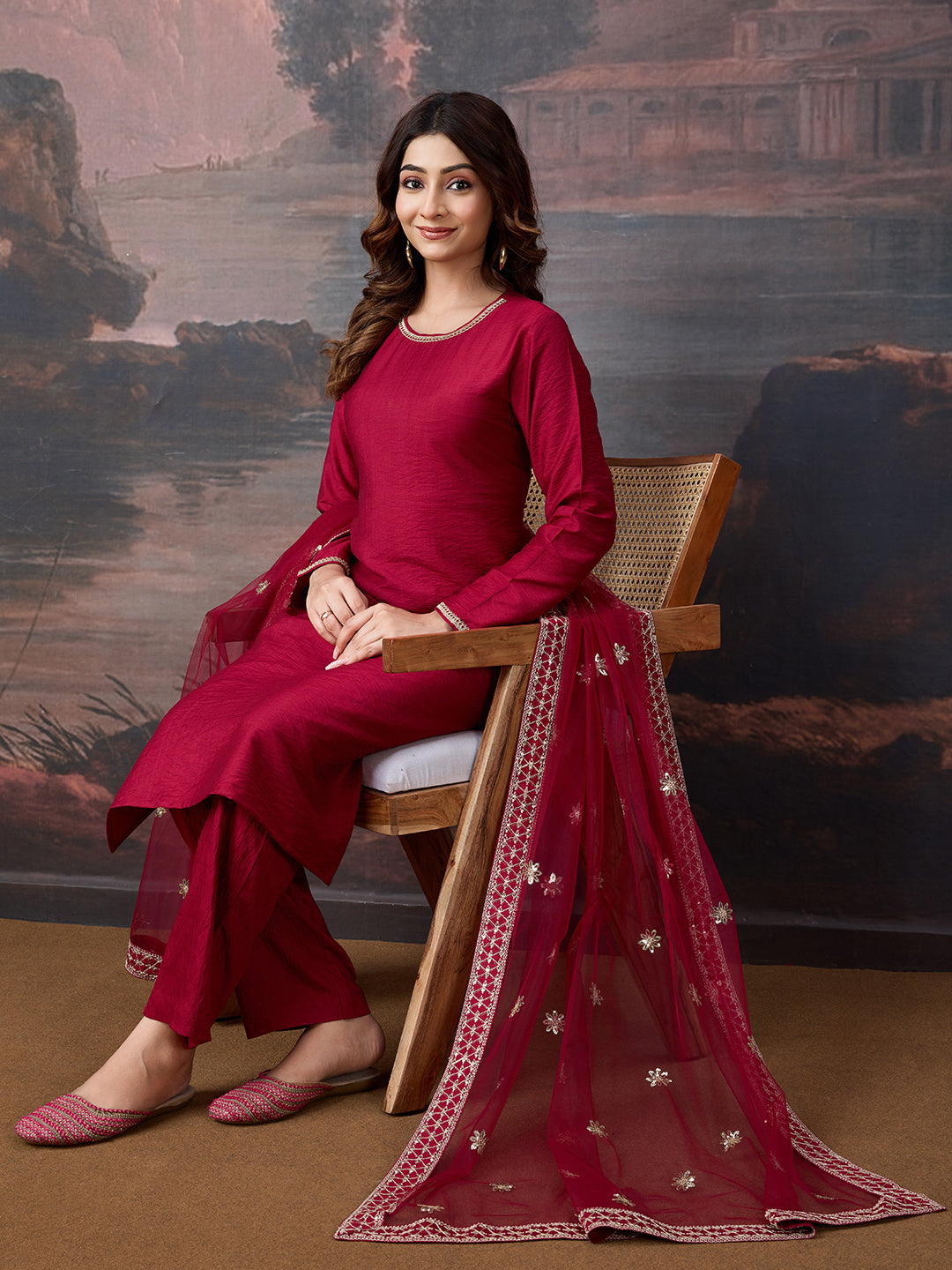 Silk Blend Round Neck Kurta, Pant and Dupatta Set