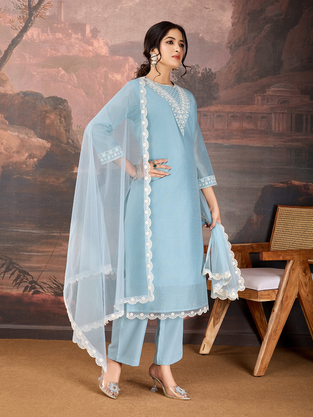 Sky Blue Chanderi Cotton Silk Kurta Set with neck embroidery