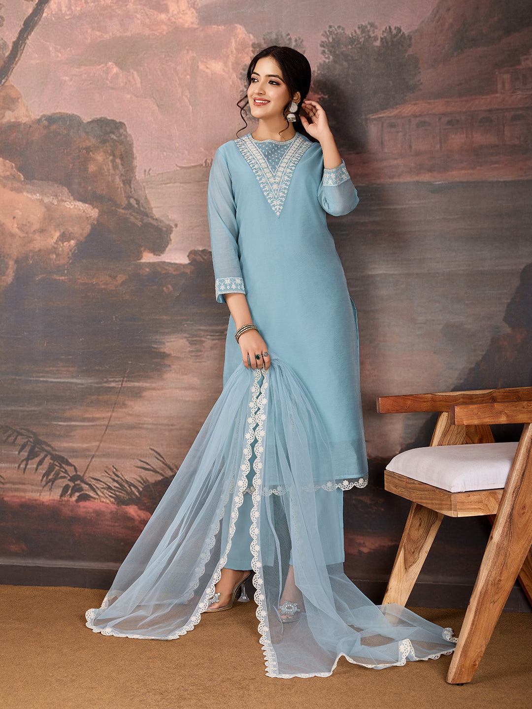 Sky Blue Chanderi Cotton Silk Kurta Set with neck embroidery