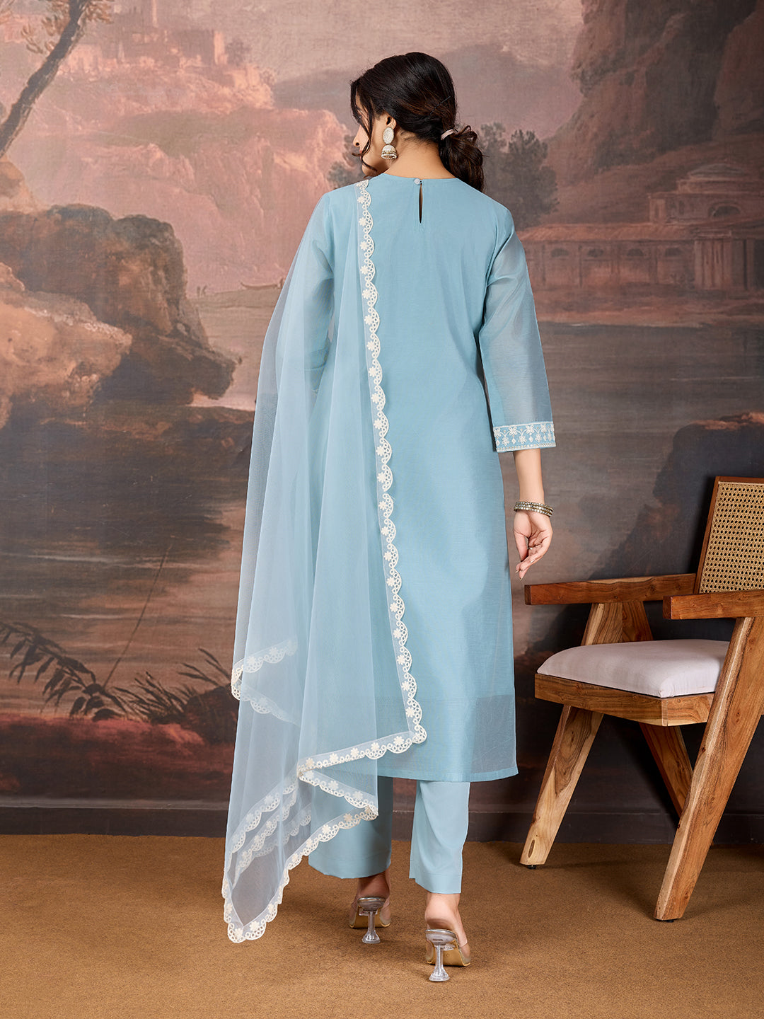Sky Blue Chanderi Cotton Silk Kurta Set with neck embroidery