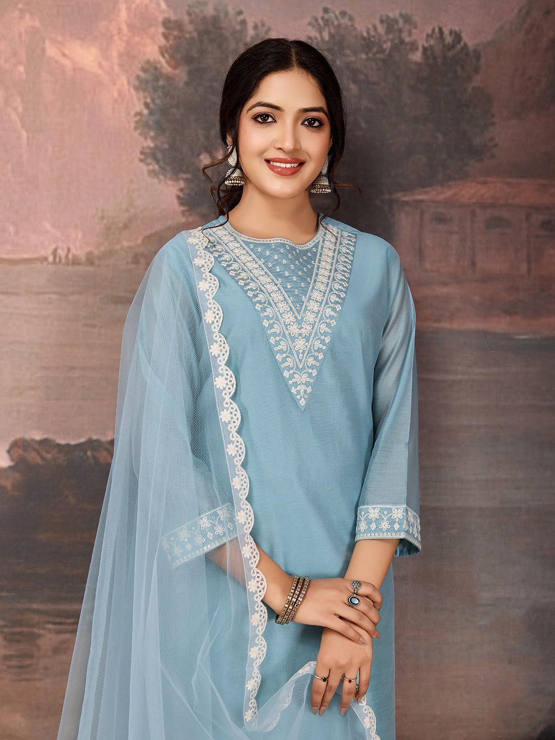 Sky Blue Chanderi Cotton Silk Kurta Set with neck embroidery