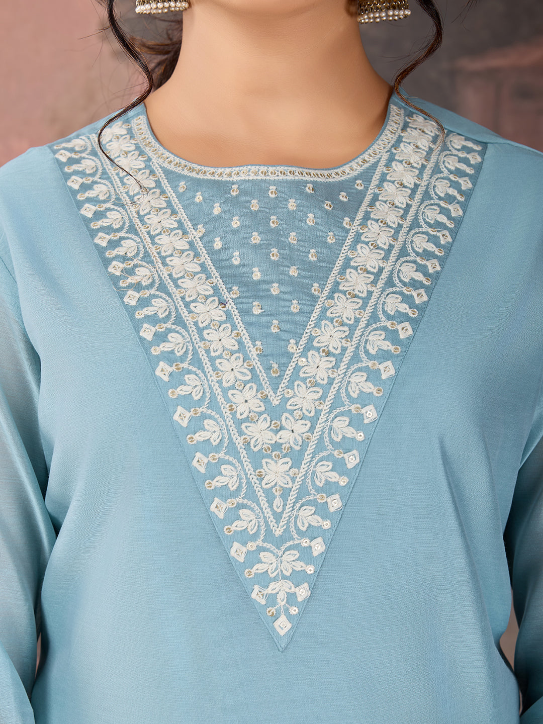 Sky Blue Chanderi Cotton Silk Kurta Set with neck embroidery