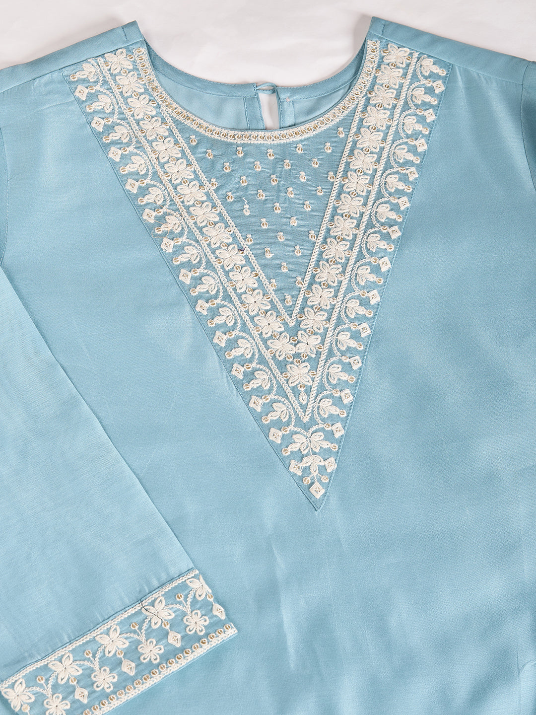 Sky Blue Chanderi Cotton Silk Kurta Set with neck embroidery