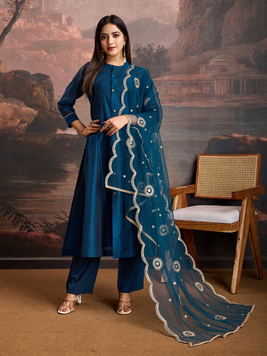 Blue Chanderi Cotton Silk Flared Kurta Set