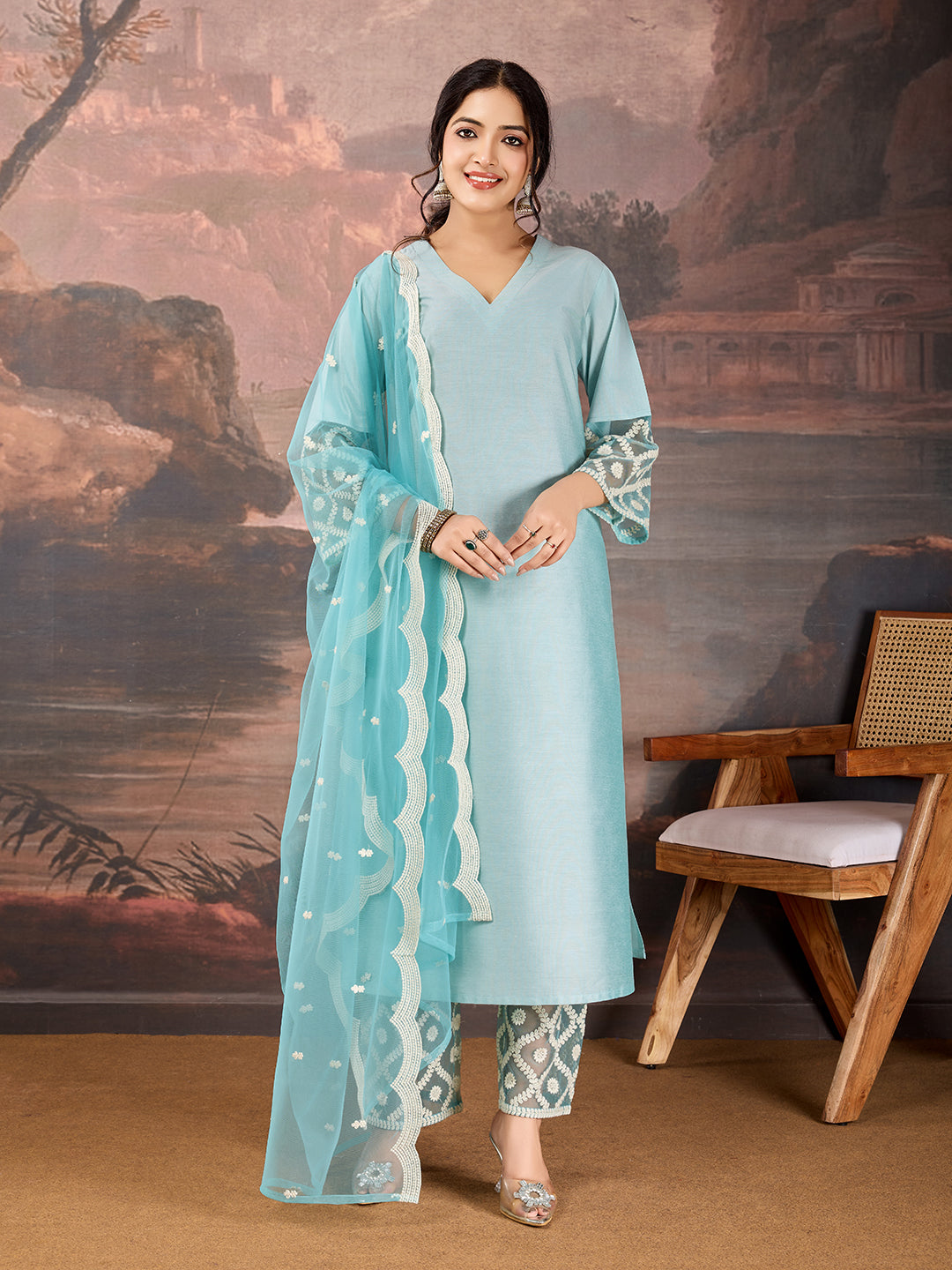 Sky Blue V neck Silk Blend Kurta Set