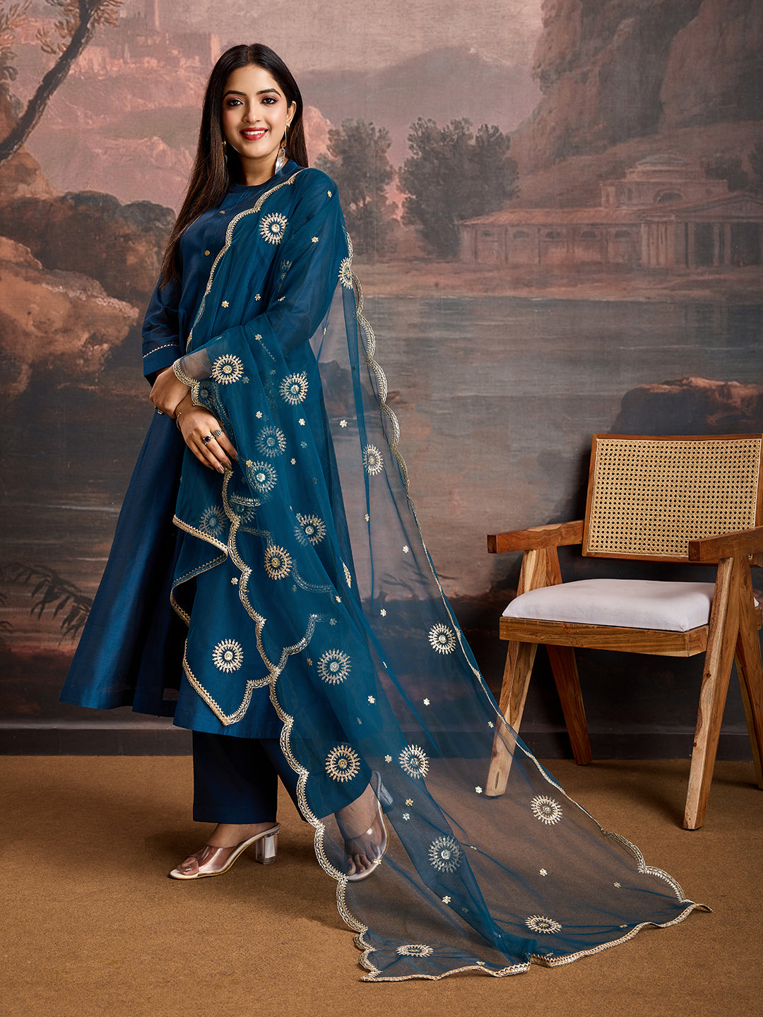 Blue Chanderi Cotton Silk Flared Kurta Set