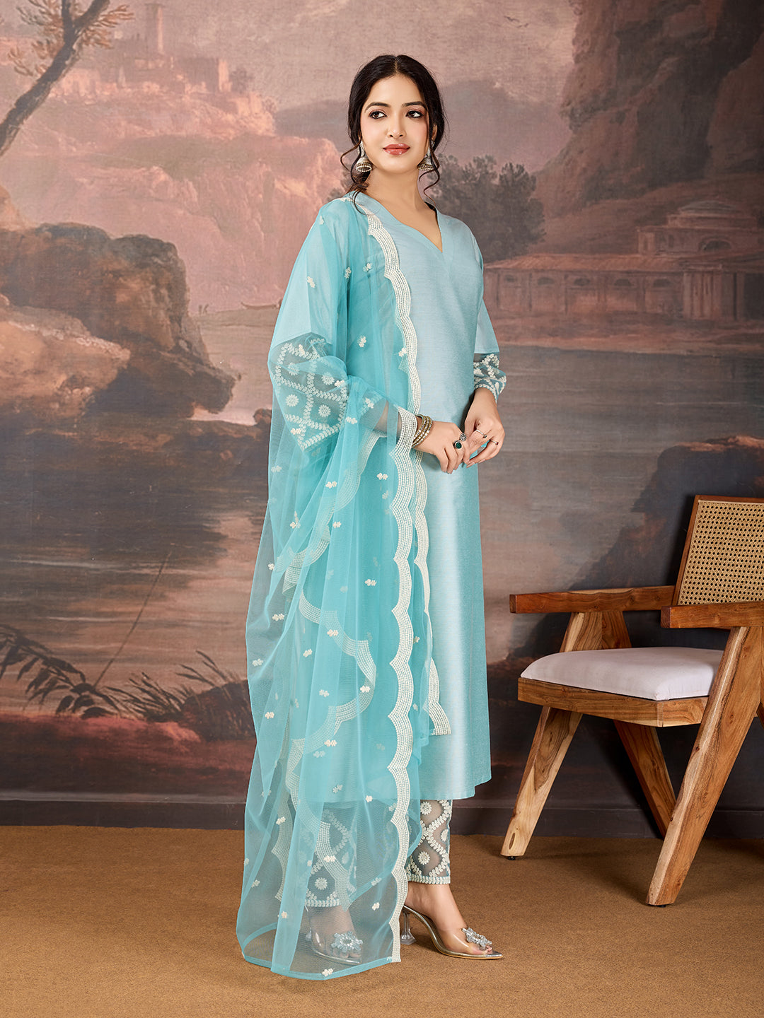 Sky Blue V neck Silk Blend Kurta Set