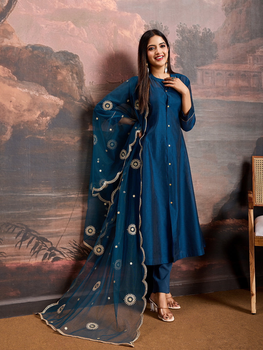 Blue Chanderi Cotton Silk Flared Kurta Set