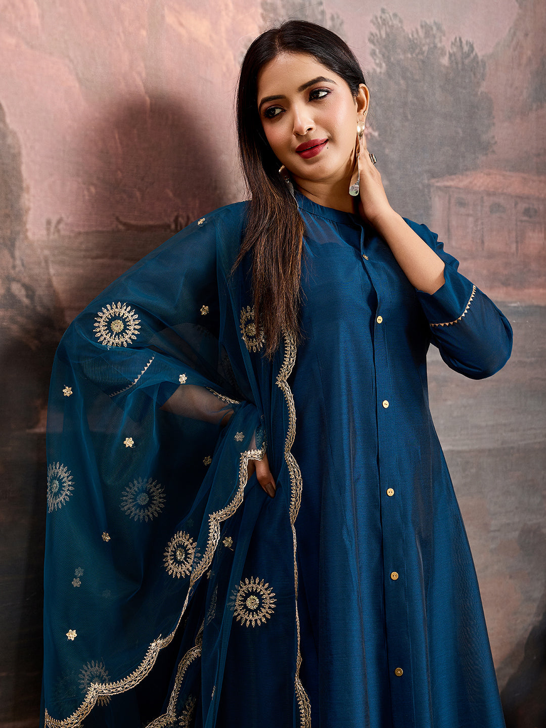 Blue Chanderi Cotton Silk Flared Kurta Set