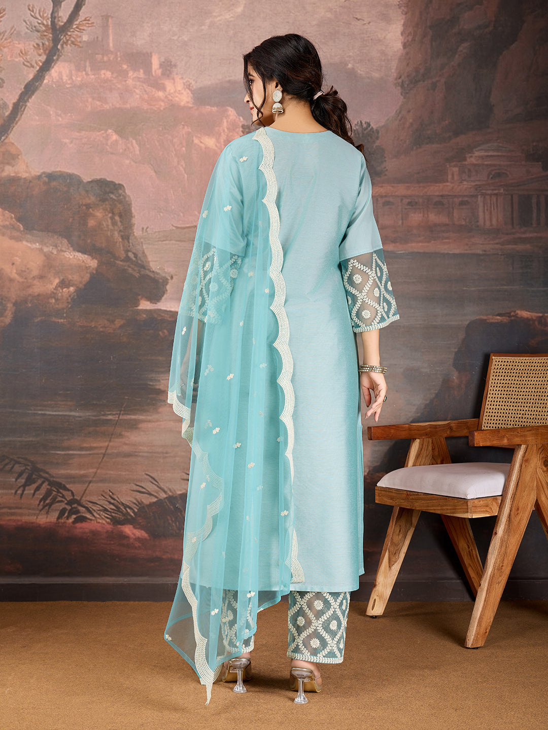 Sky Blue V neck Silk Blend Kurta Set