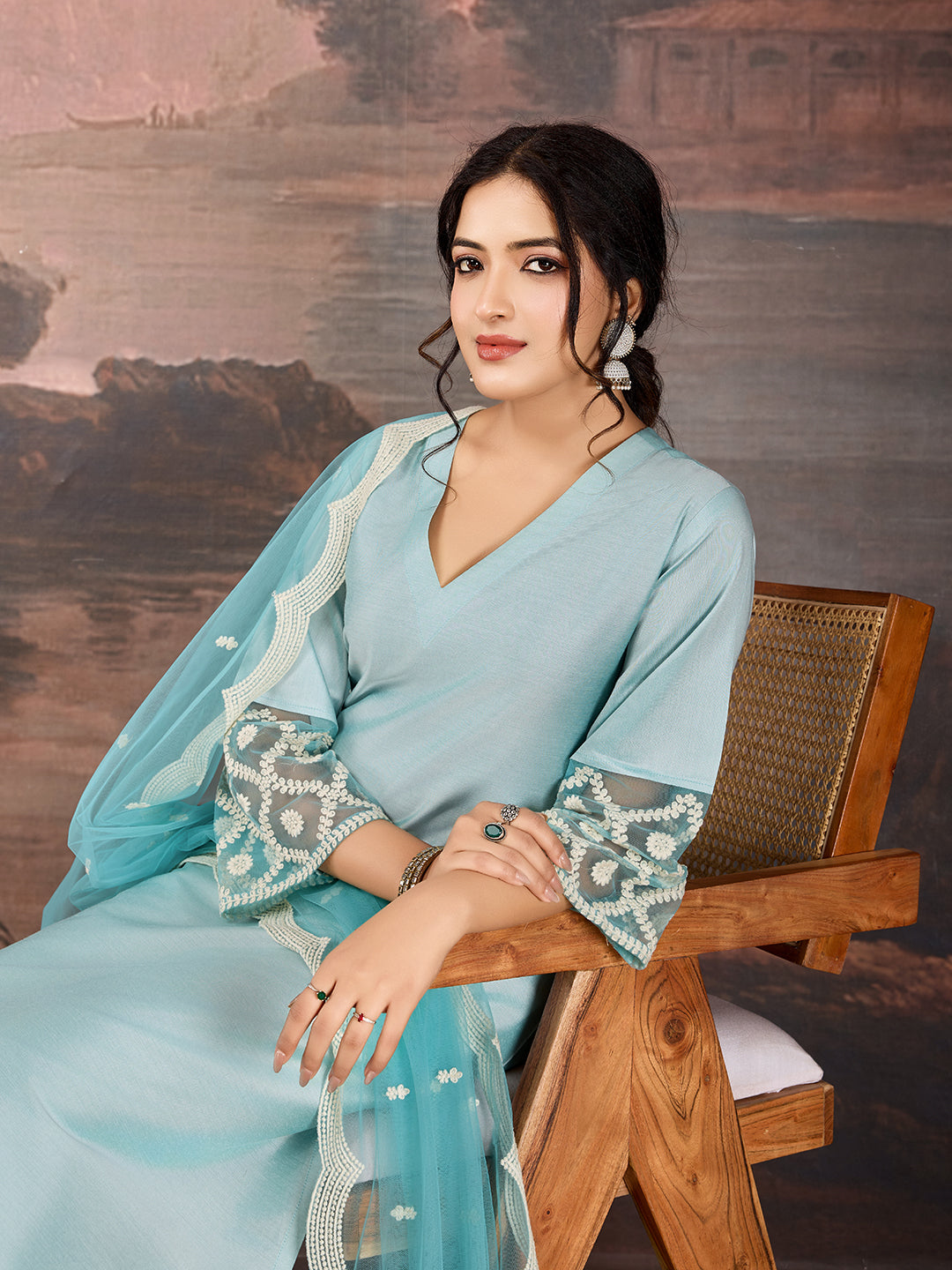 Sky Blue V neck Silk Blend Kurta Set