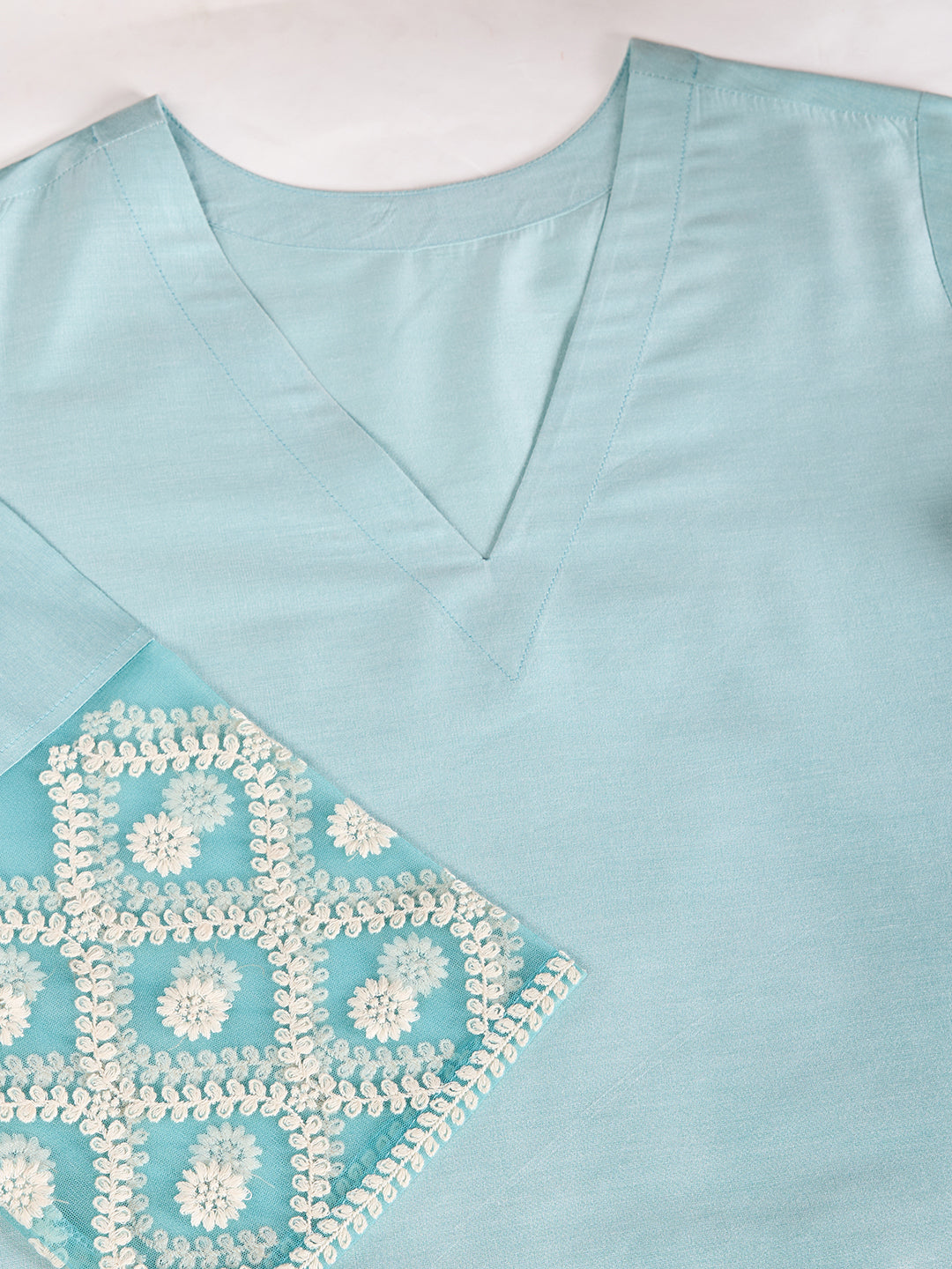 Sky Blue V neck Silk Blend Kurta Set