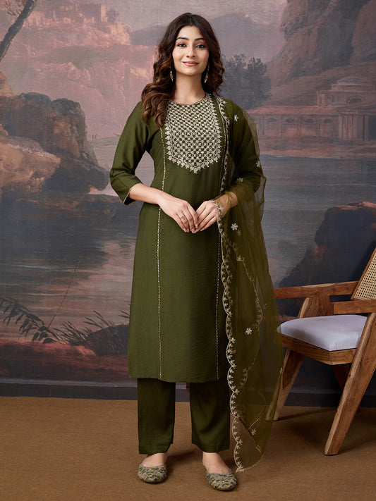 Silk Blend Embroidered Round Neck Kurta, Pant and Dupatta Set