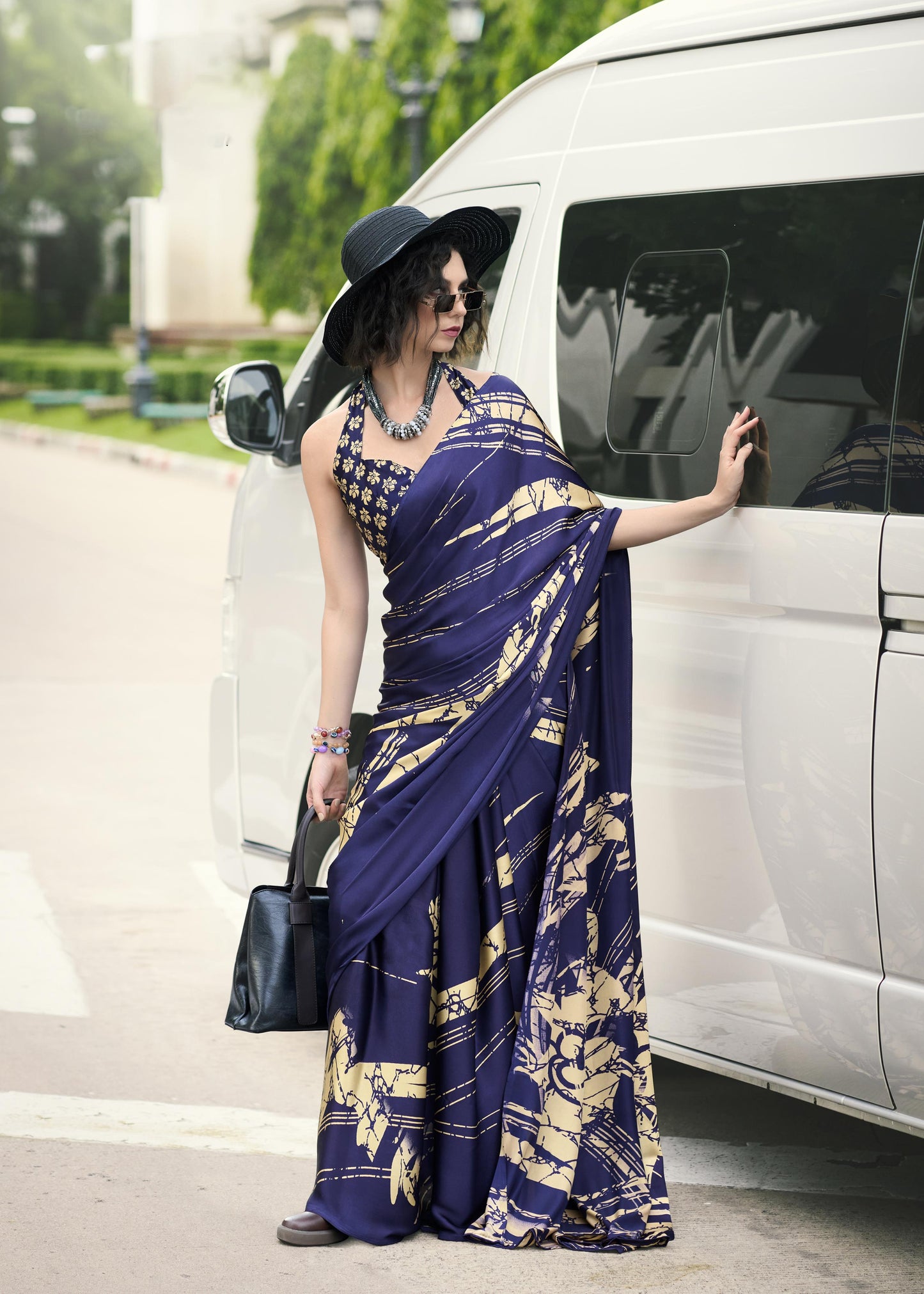 Digital Printed Satin Saree with Unstiched Blouse