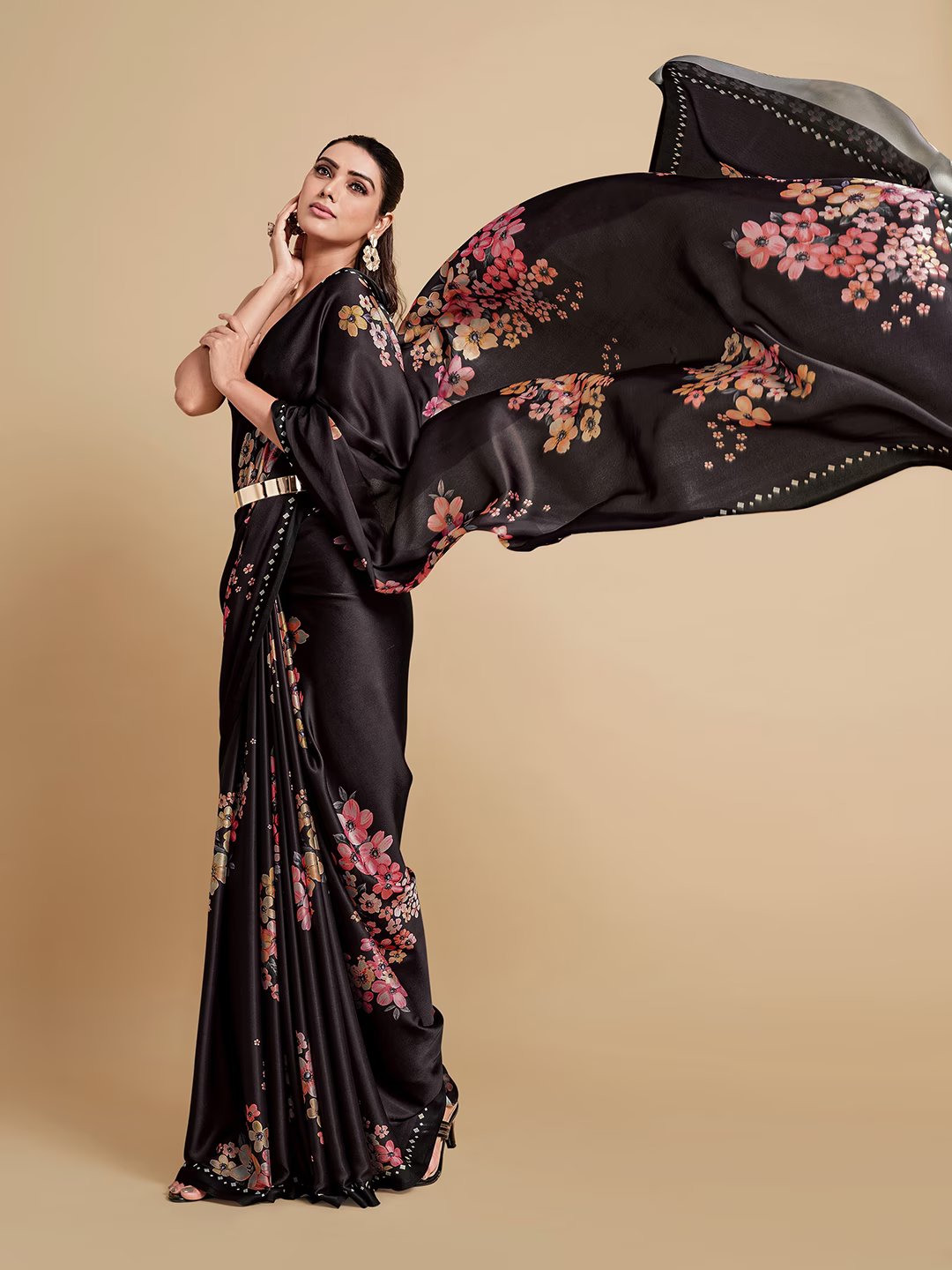 Digital Printed Satin Saree with Unstiched Blouse