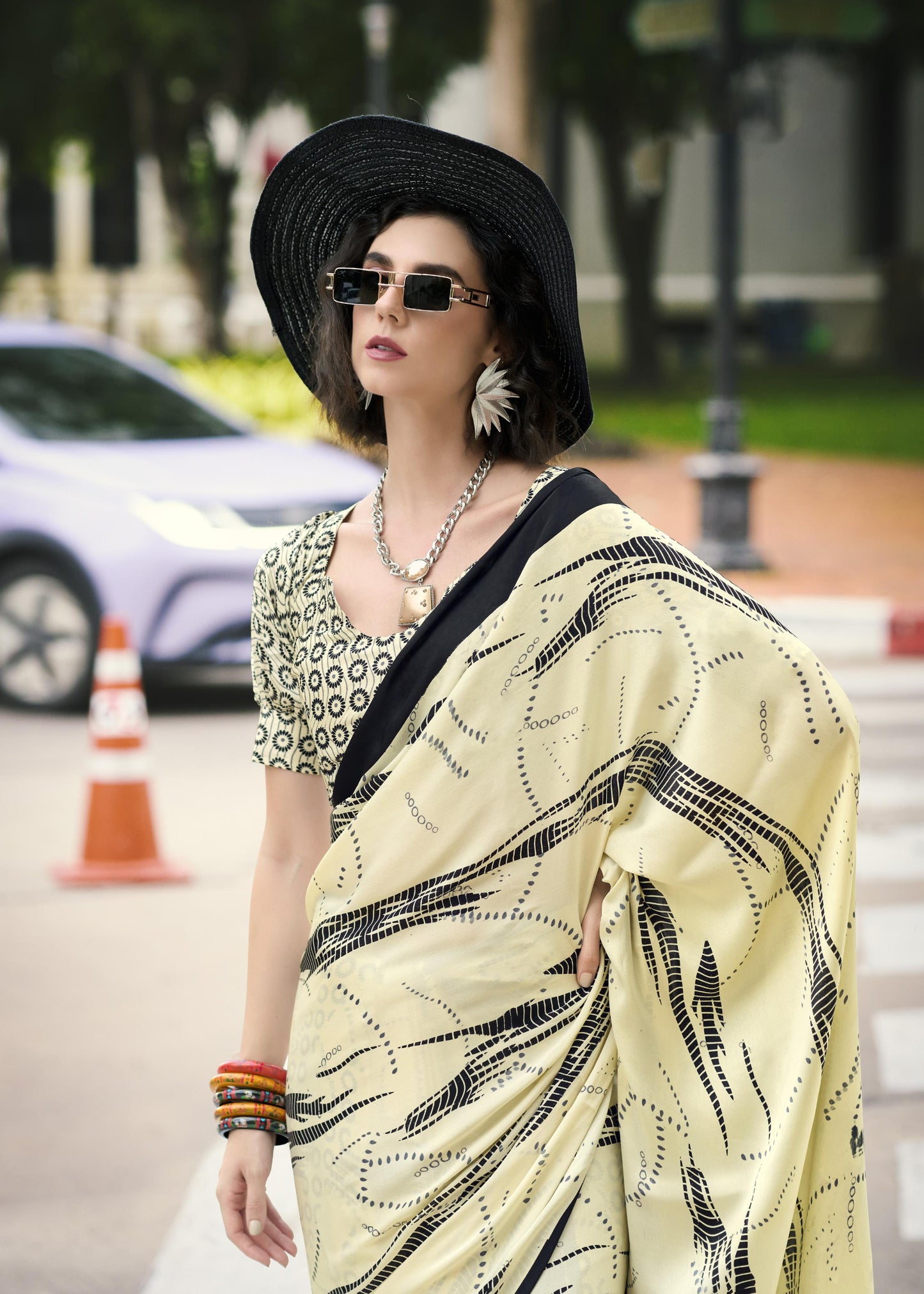 Digital Printed Satin Saree with Unstiched Blouse