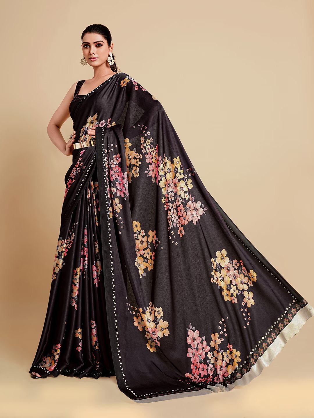 Digital Printed Satin Saree with Unstiched Blouse