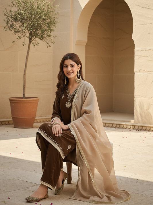 Brown Velvet Embroidered Kurta, Pant and Dupatta Set
