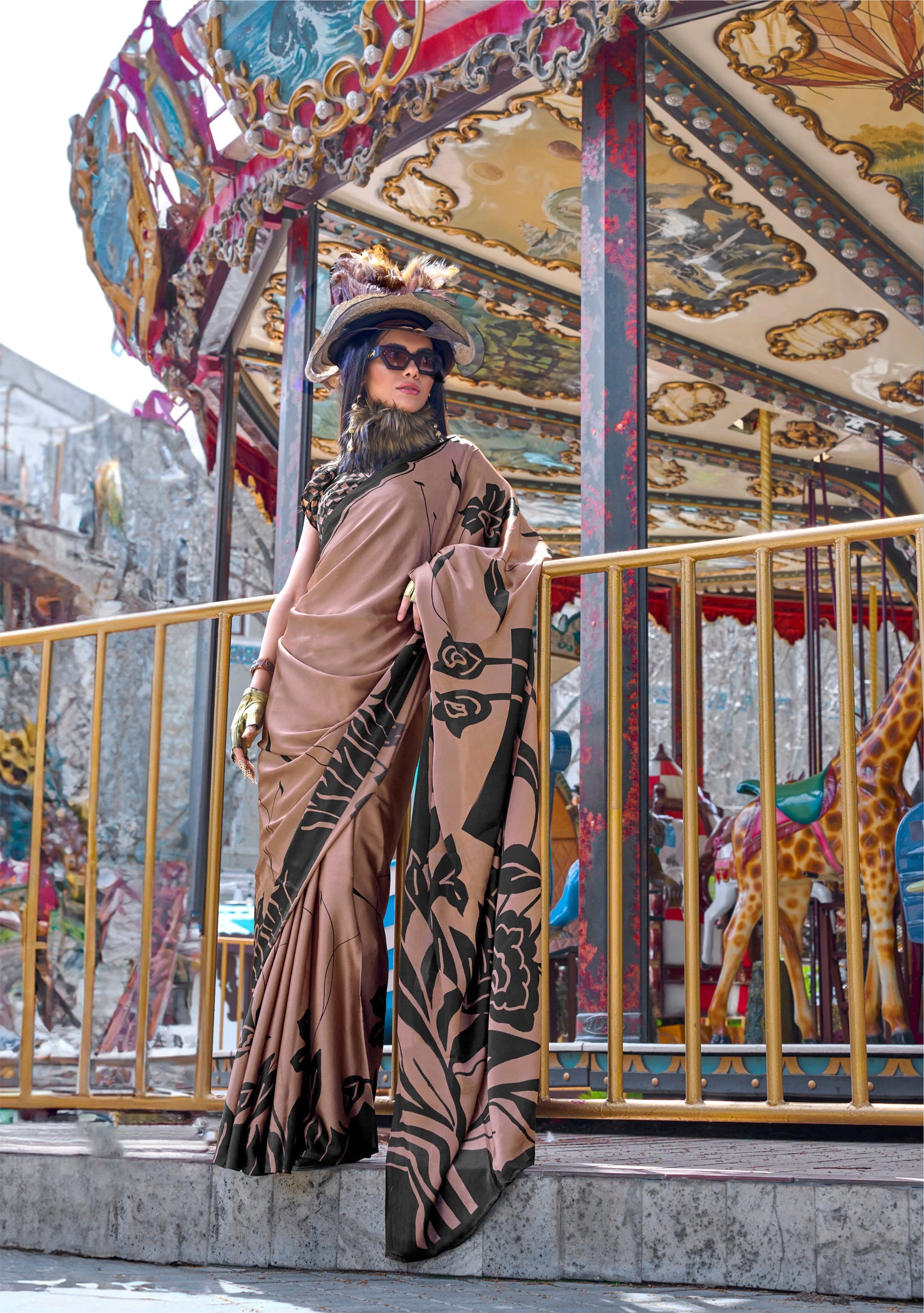 Digital Printed Satin Saree with Unstiched Blouse