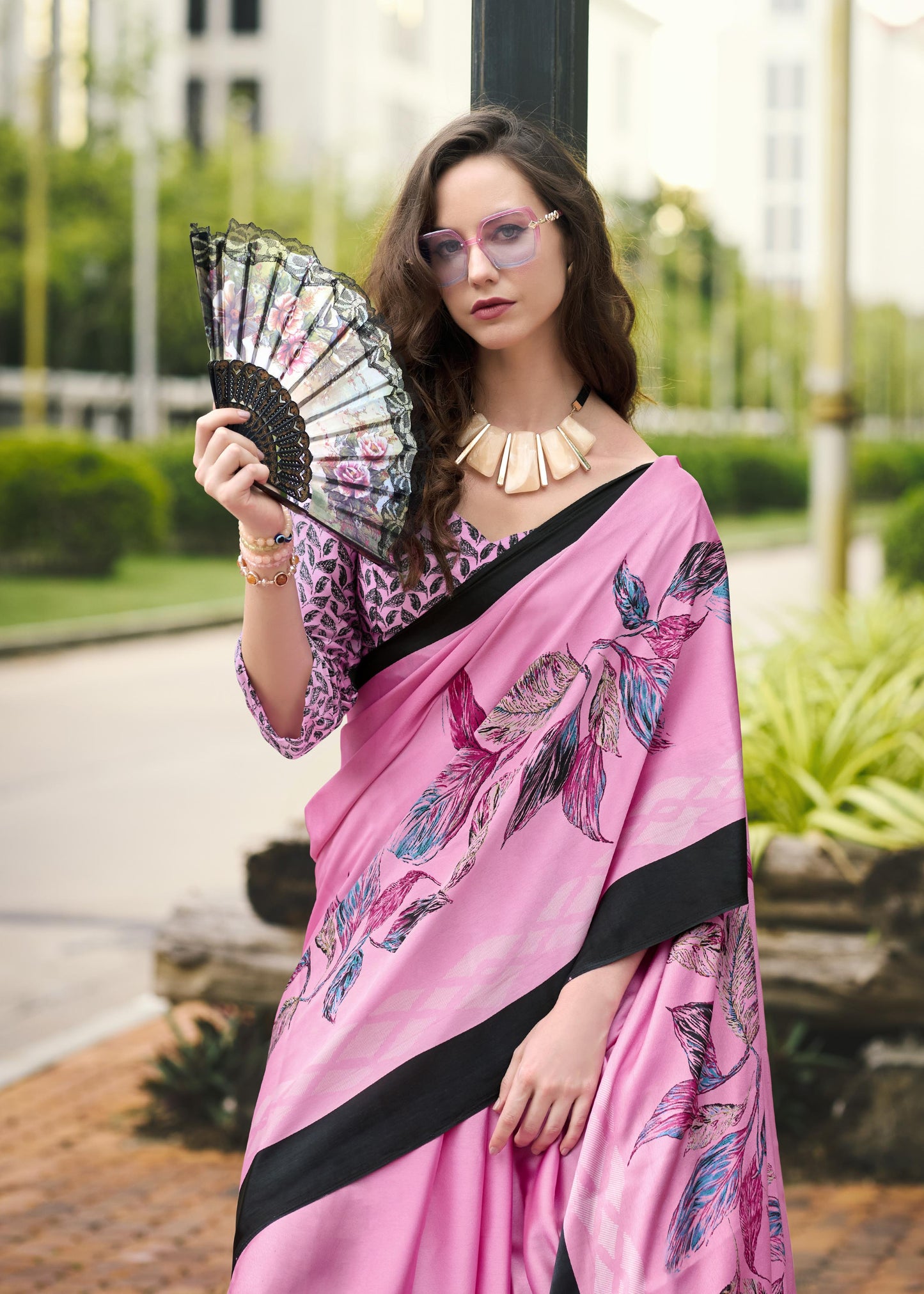 Digital Printed Satin Saree with Unstiched Blouse