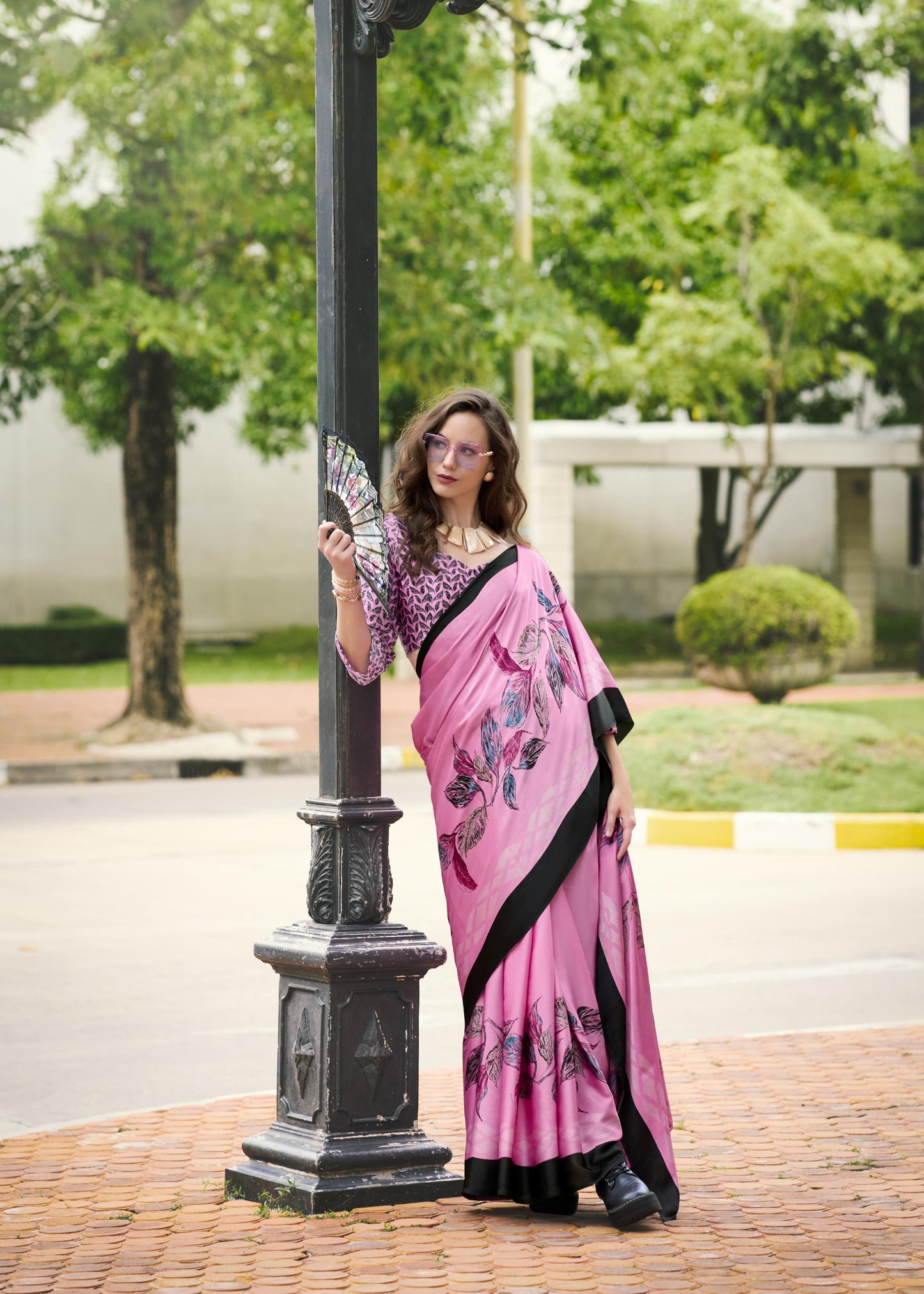 Digital Printed Satin Saree with Unstiched Blouse