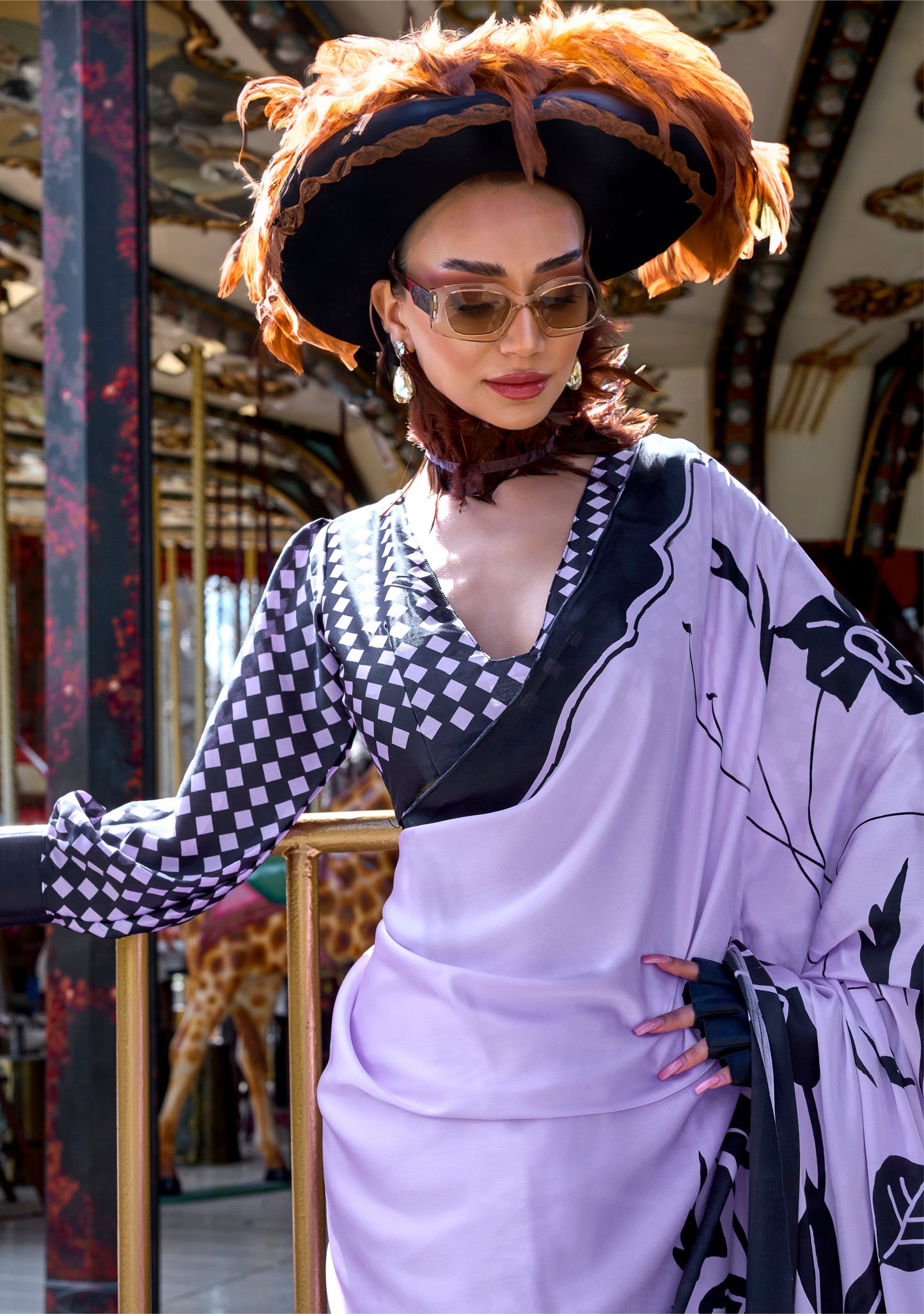 Digital Printed Satin Saree with Unstiched Blouse