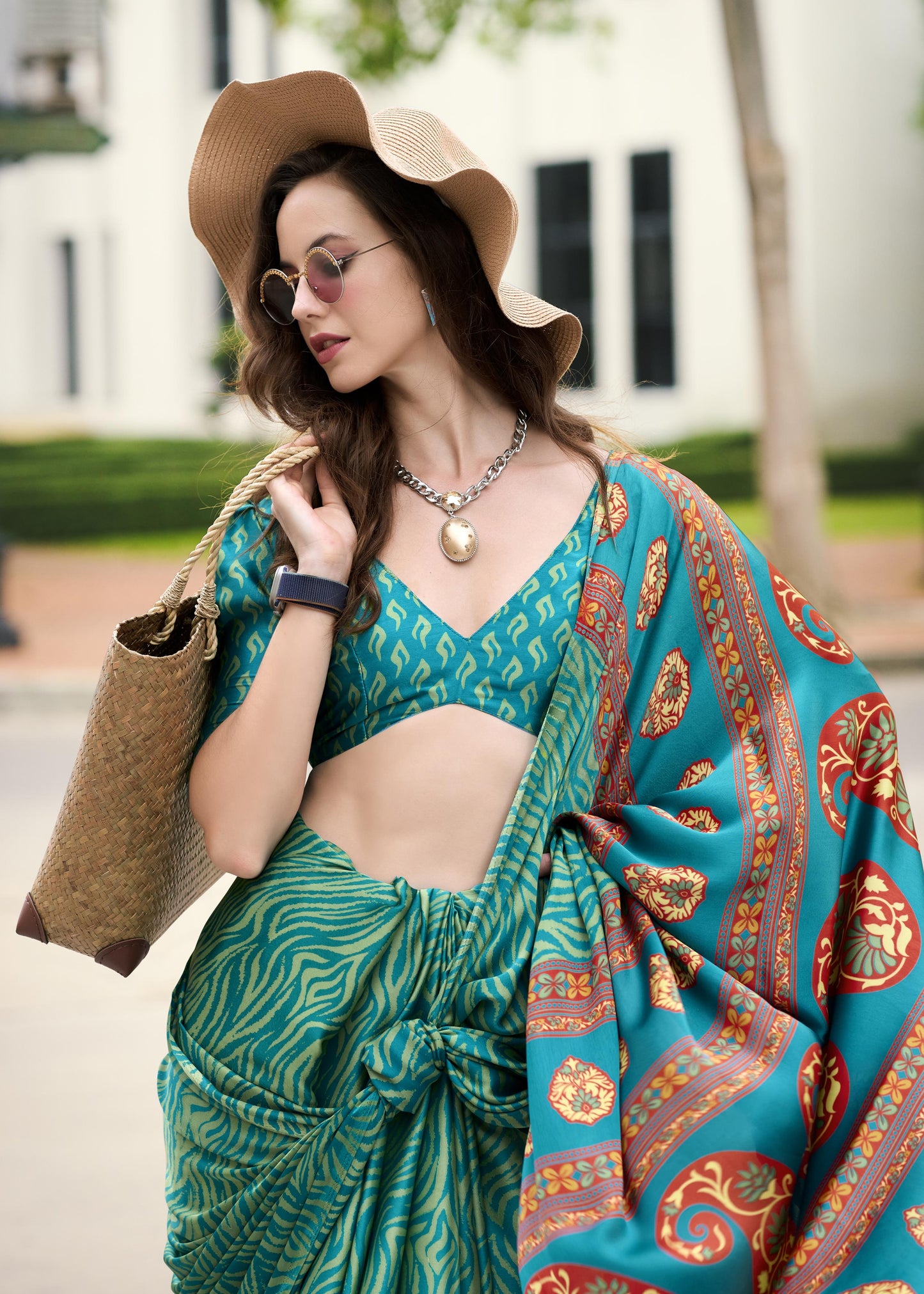 Digital Printed Satin Saree with Unstiched Blouse