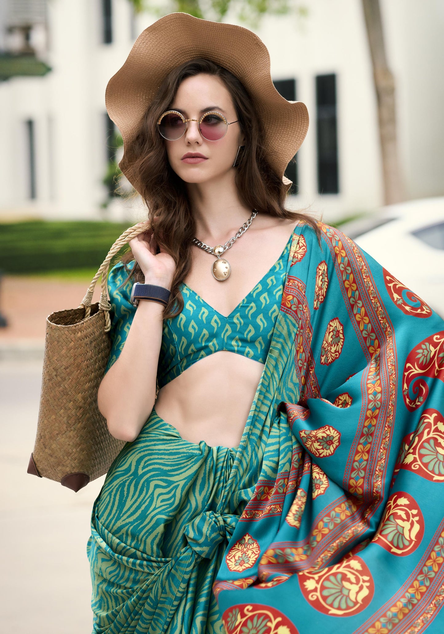 Digital Printed Satin Saree with Unstiched Blouse