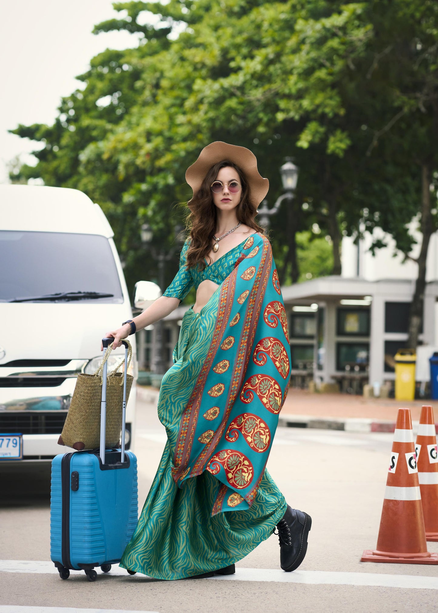 Digital Printed Satin Saree with Unstiched Blouse