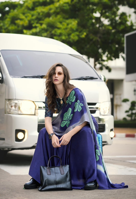 Digital Printed Satin Saree with Unstiched Blouse