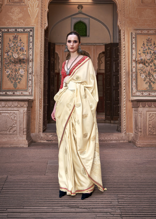 Butter Yellow Pure Satin Saree with Zari Weaving Border and Unstitched Blouse Piece