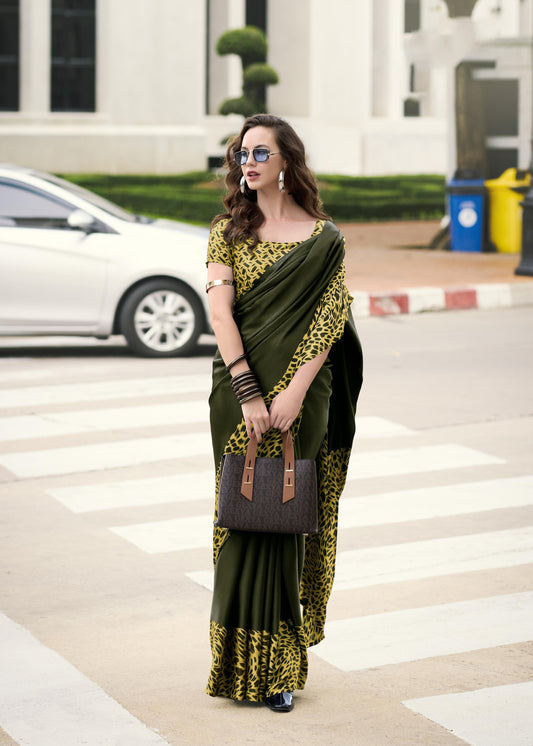 Digital Printed Satin Saree with Unstiched Blouse