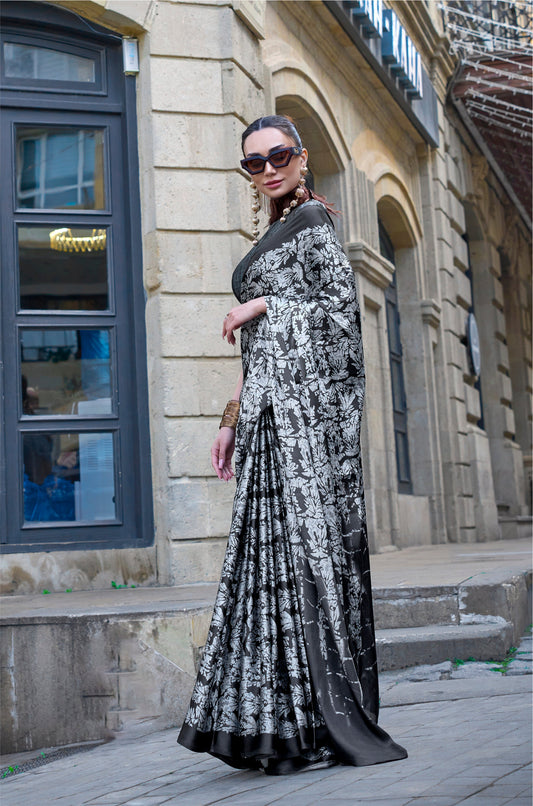 Digital Printed Satin Saree with Unstiched Blouse