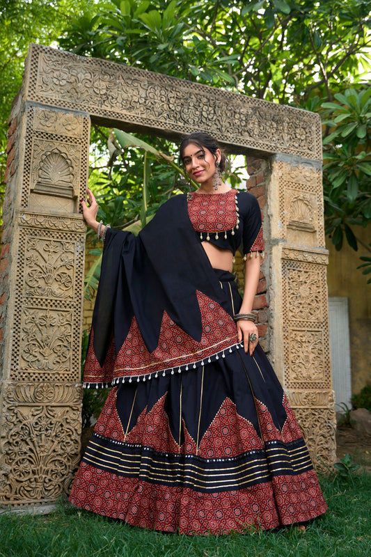 Black Printed Cotton Navratri Lehenga Choli