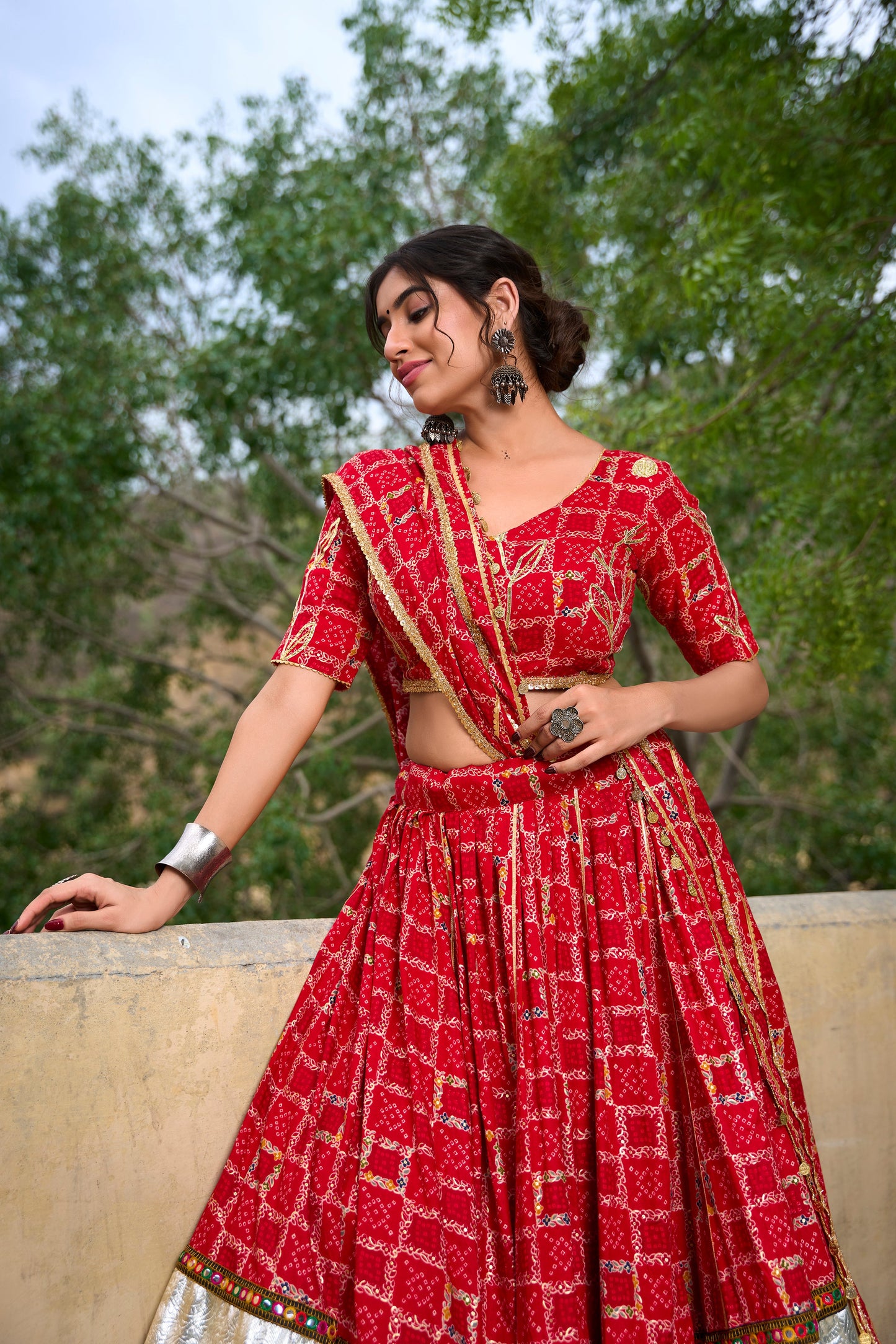Red Pure Rayon Foil Printed With Gota Patti And Paper Mirror Work Lace Touch Navratri Lehenga Choli