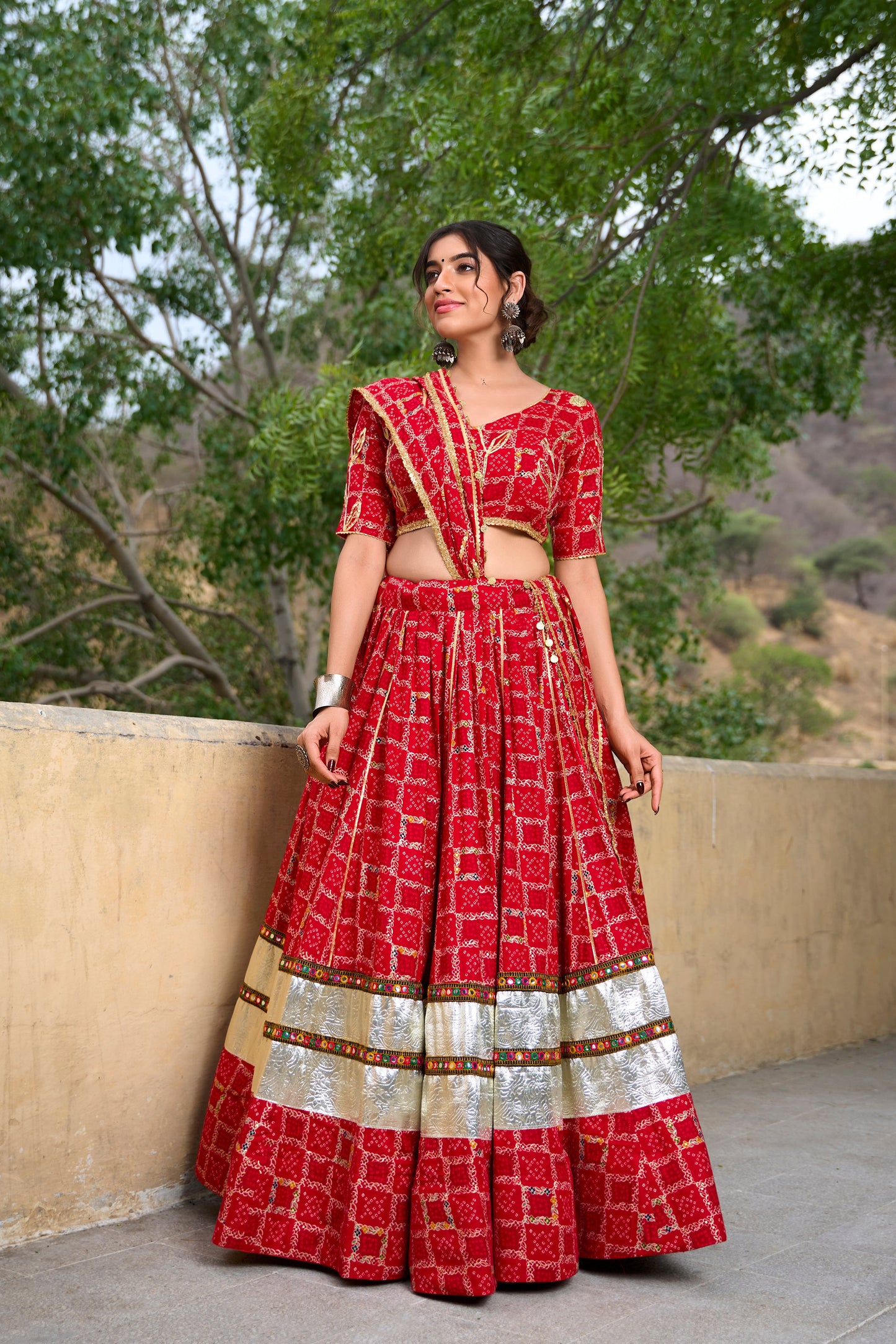 Red Pure Rayon Foil Printed With Gota Patti And Paper Mirror Work Lace Touch Navratri Lehenga Choli