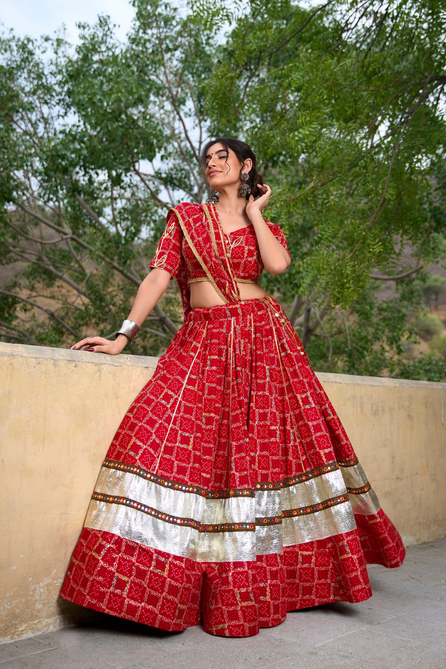 Red Pure Rayon Foil Printed With Gota Patti And Paper Mirror Work Lace Touch Navratri Lehenga Choli