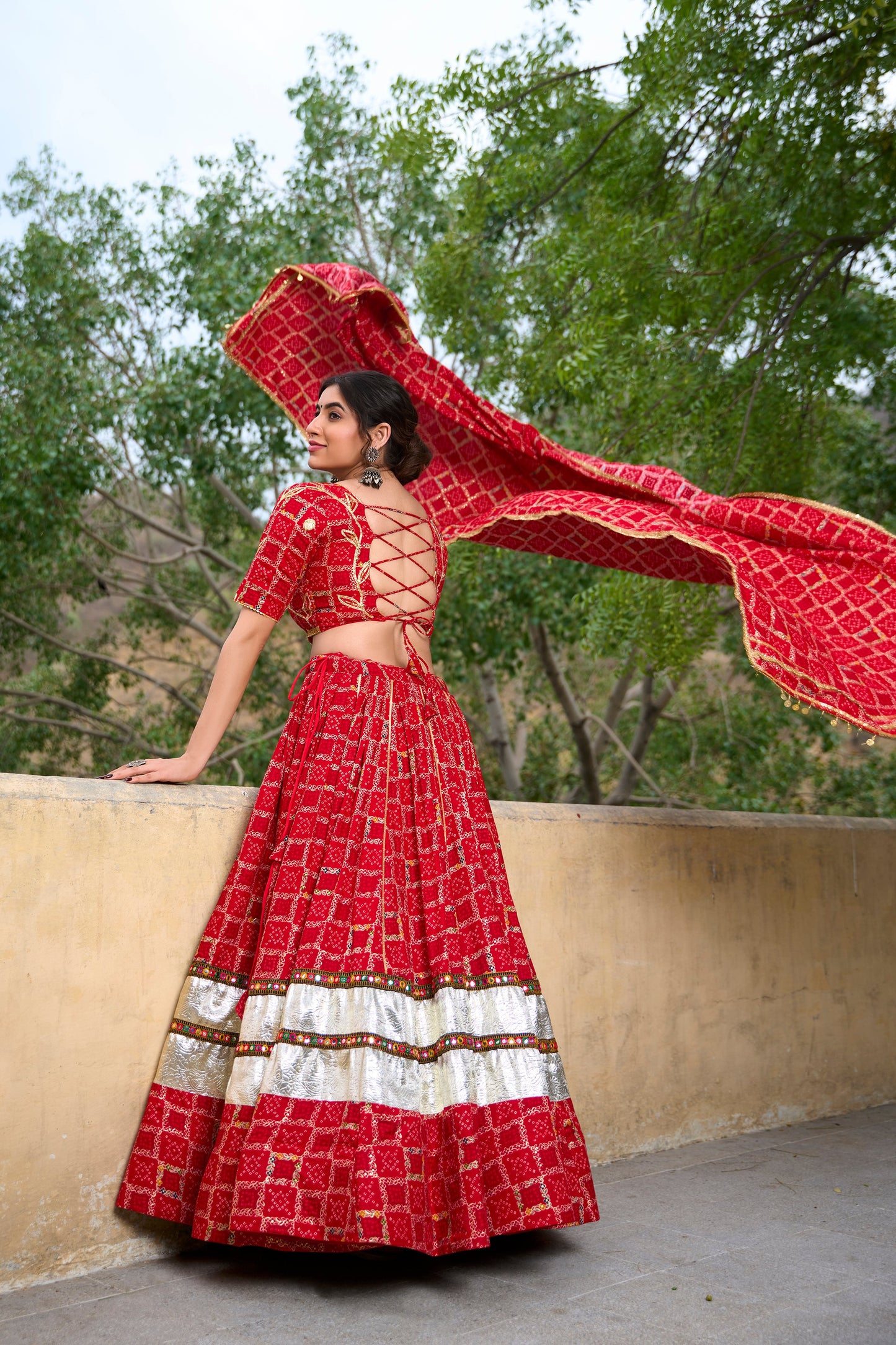 Red Pure Rayon Foil Printed With Gota Patti And Paper Mirror Work Lace Touch Navratri Lehenga Choli