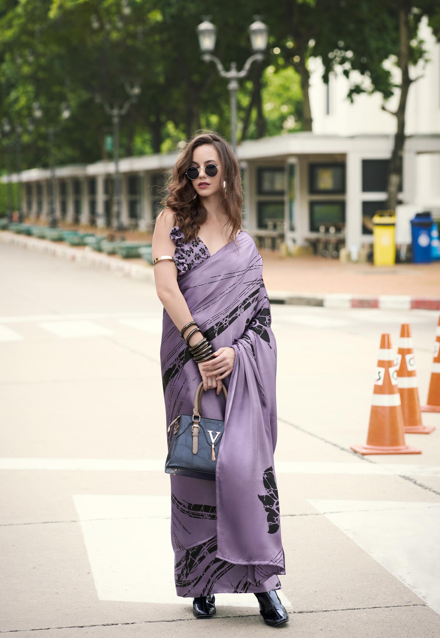 Digital Printed Satin Saree with Unstiched Blouse