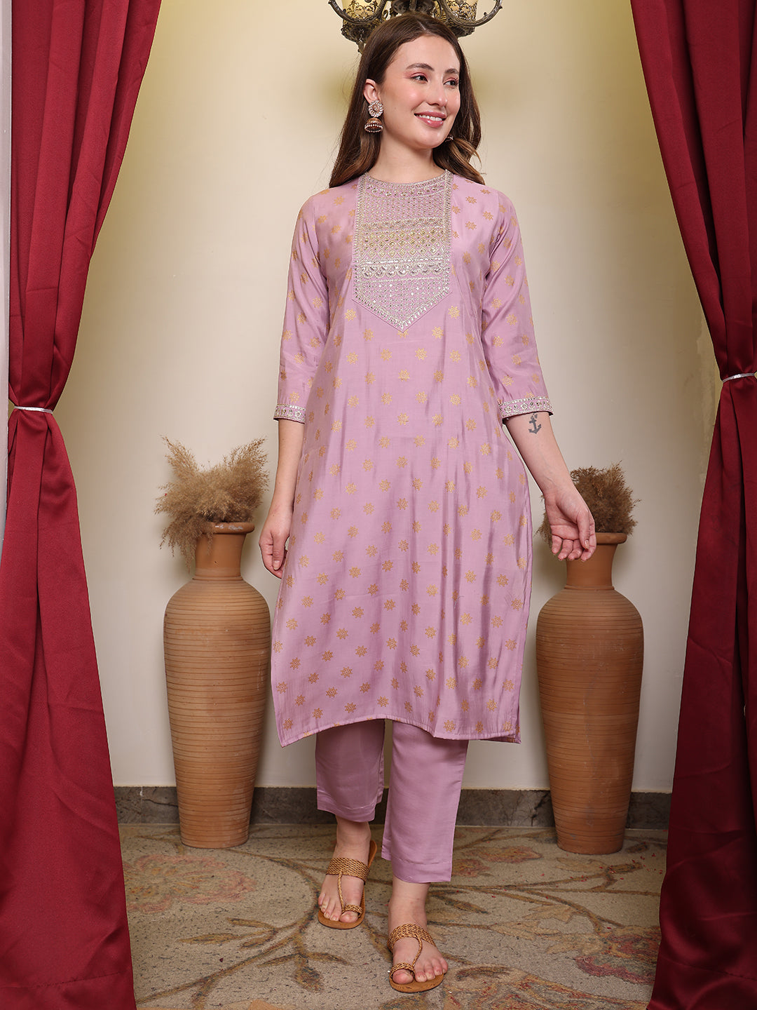 Silk Blend Embroidered Round Neck Kurta, Pant and Dupatta Set