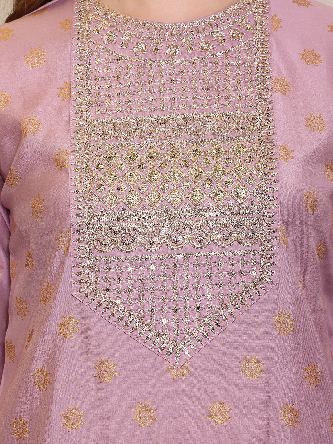 Silk Blend Embroidered Round Neck Kurta, Pant and Dupatta Set