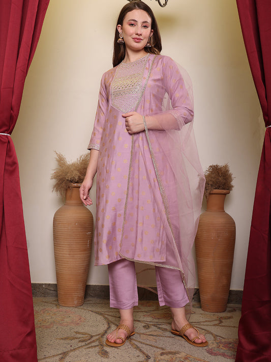 Silk Blend Embroidered Round Neck Kurta, Pant and Dupatta Set