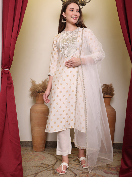 Silk Blend Embroidered Round Neck Kurta, Pant and Dupatta Set