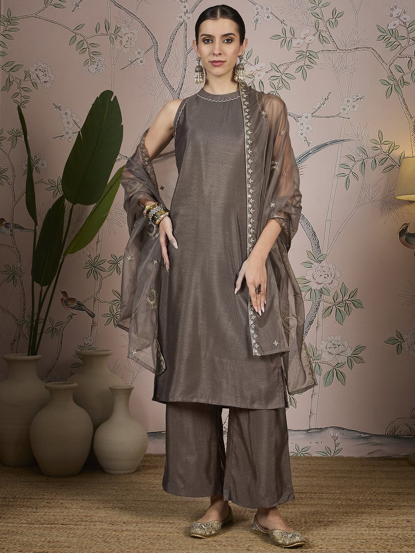 Taupe Bronze Silk Blend Kurta, Pant and Organaza Dupatta Set