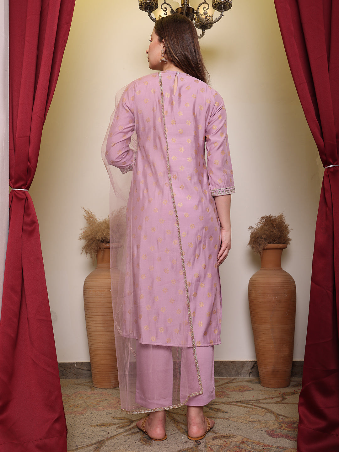 Silk Blend Embroidered Round Neck Kurta, Pant and Dupatta Set