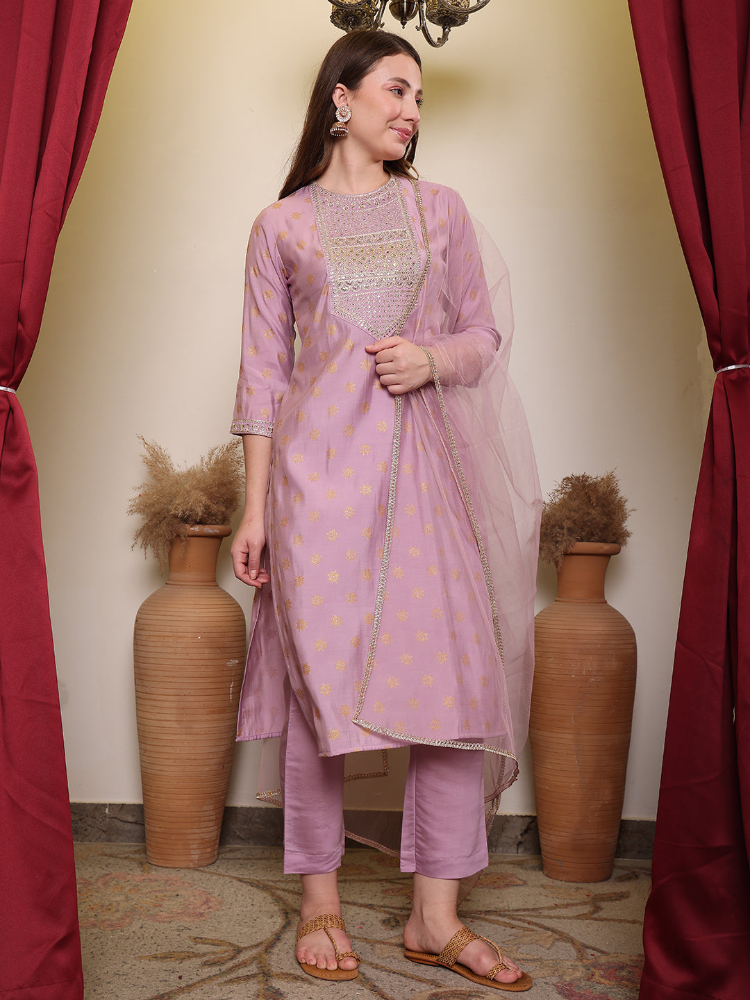 Silk Blend Embroidered Round Neck Kurta, Pant and Dupatta Set